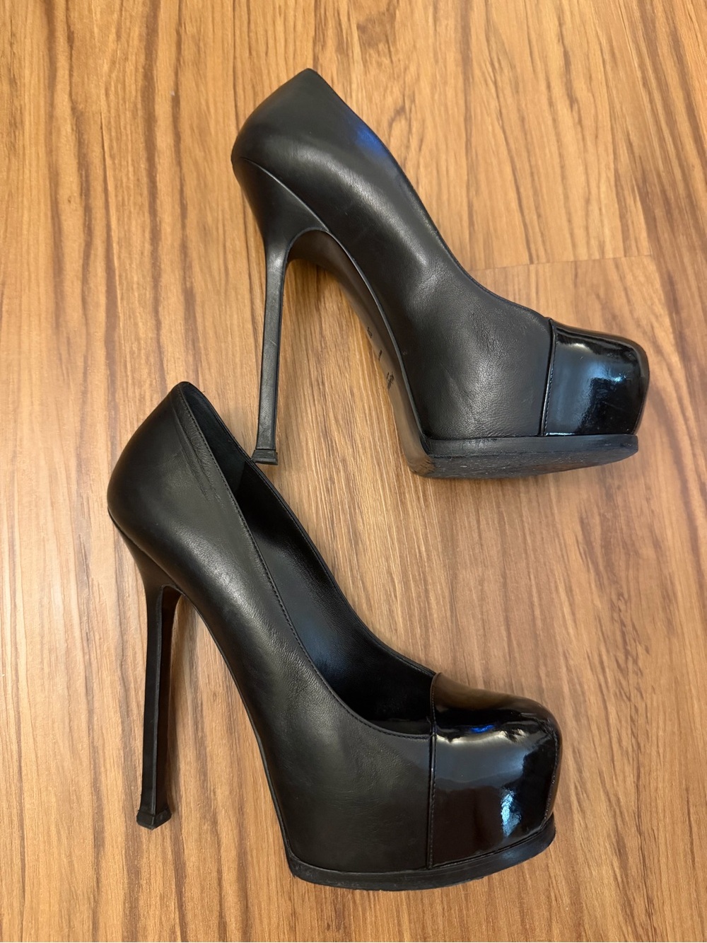 YSL Saint Laurent Black Tribtoo Leather Cap Toe Platform Stiletto Pumps - Picture 5 of 10